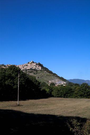 A vertical shot of the green field against the background of a town on the hill. Grumento Nova, Italy.