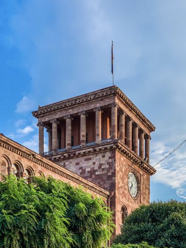 A low angle shot of the clocktower in the Republic Square in Yerevan, Armenia
