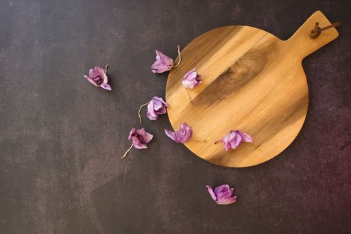 A top view of a rustic wooden podium decorated with dried lavender flowers