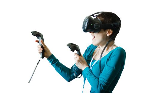 A portrait of a female wearing a VR headset - isolated on a white background