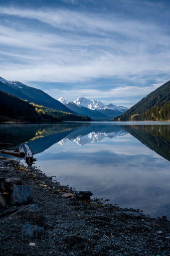 A vertical shot of a tranquil lake reflecting snowy mountains and a cloudy blue sky
