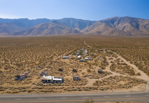 An aerial photograph of the ghost town of Dunmovin along California's eastern Sierra.