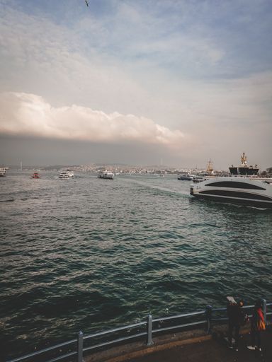 A vertical shot of yachts and ships near Galata, Istanbul, Turkey
