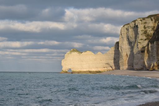 A landscape of a sea surrounded by cliffs and a beach under a cloudy sky in Etretat in France