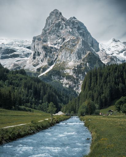 A vertical shot of a river surrounded by alps and greenery under a cloudy sky in winter