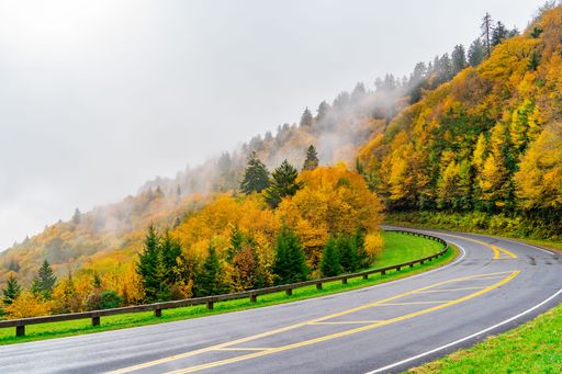 A scenic autumn view of the Blue Ridge Parkway in NC, United States