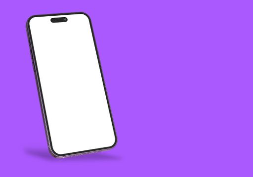 A 3D rendering of a smartphone with white screen against a purple background.