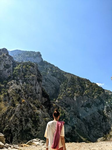 a back view of a woman standing on a peak on the background of mountains
