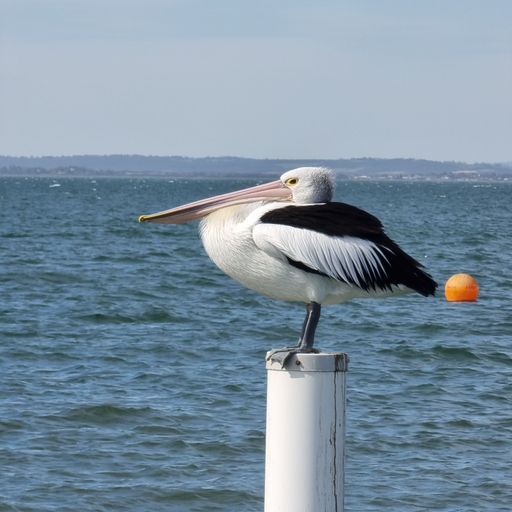 A closeup view of a white pelican perched on a metal surface in a blue seascape background