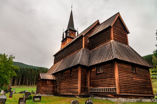 A low angle shot of the Kaupanger Stave Church in Kaupanger, Norway