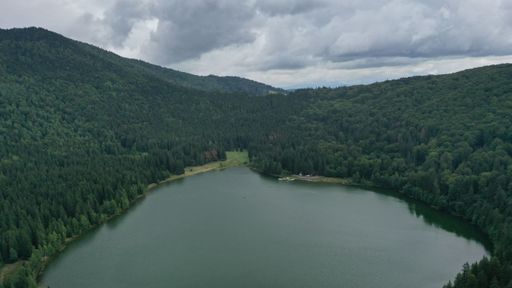 A circle lake surrounded by green forest trees on a clouded day