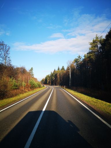 A vertical closeup of a road with yellowing grass and trees on both sides  and blue, cloudy sky background