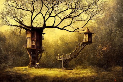 A digital illustration of a wooden tree house in trees in a mystical magical fairy tale forest