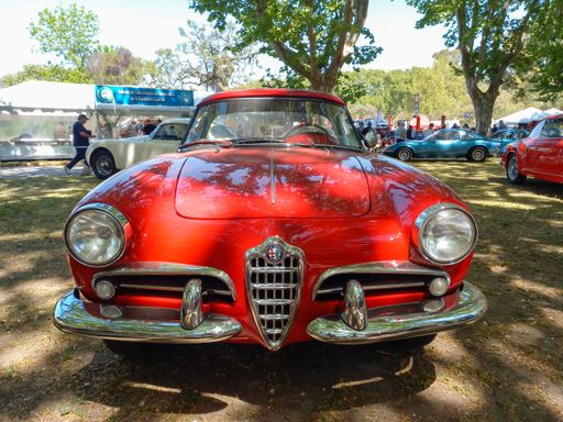 Old red sport 1961 Alfa Romeo Giulietta Spider roadster in a park. Nature, trees. Autoclasica 2022 classic car show. Front view.