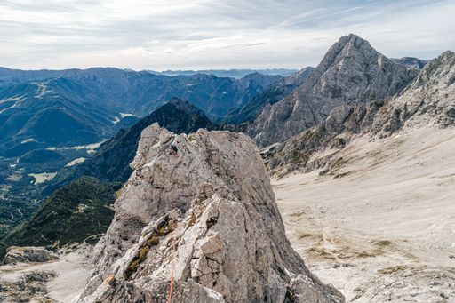A low angle shot of a rock formation under the clear sky in Totes Gebirge, Austria