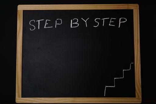 step by step phrase written on a blackboard with chalk