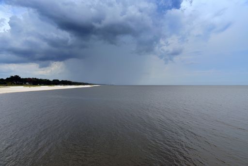 A beautiful shot of a sea surrounded by green trees under the storm clouds