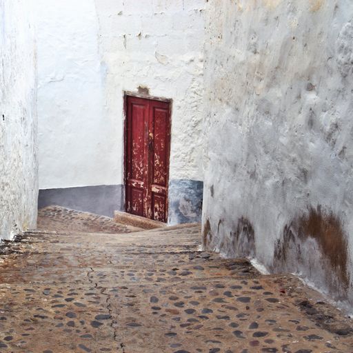 A narrow hallway with old concrete stairs and a red wooden rusty door