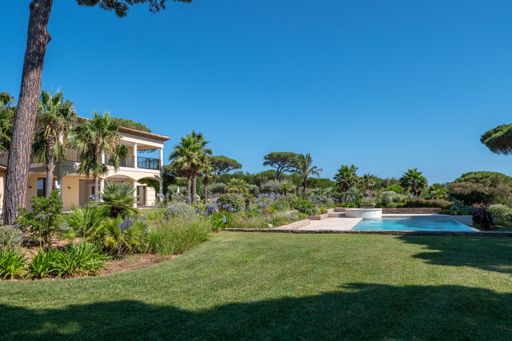 An exterior of a large luxurious garden with palm trees and a pool of a sumptuous white villa