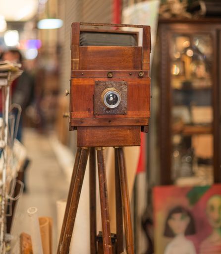 Old tripod brown bellows chamber