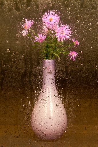 A vertical shot of  flowers ina  vase on a wet glass foreground