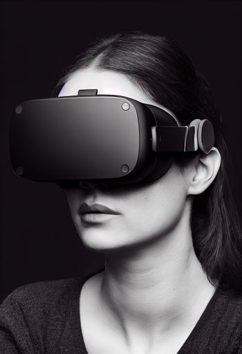 A vertical grayscale of a woman wearing a VR headset looking aside
