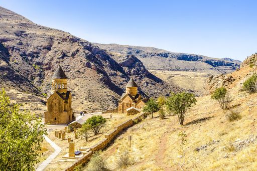 A high angle shot of the historical Christian Noravank Monastery in Armenia