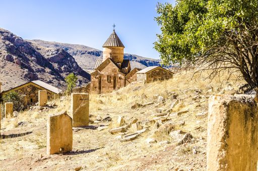 A beautiful scenery of Noravank Armenia surrounded by high mountains