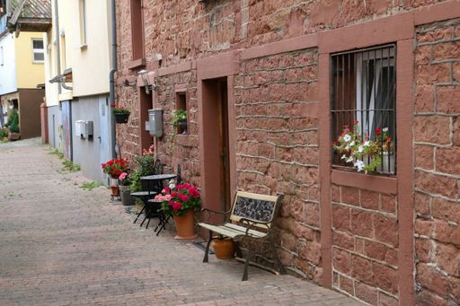 A sunny scenery of an old cute street with flowers and bench