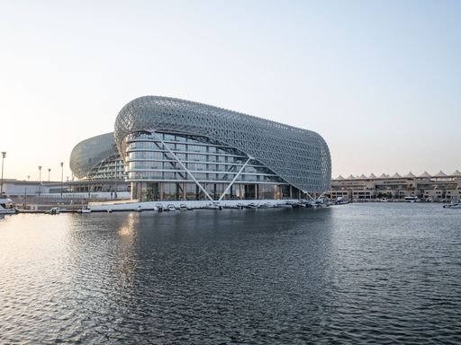 The W Hotel situated on Yas Island in Abu Dhabi as seen from the water at dusk