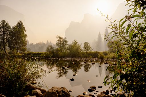 A scenic view of a little reflective lake surrounded by vegetation o a sunny day