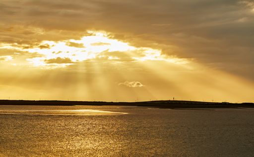 A bright golden sunset over the water in the South Walney Nature Reserve