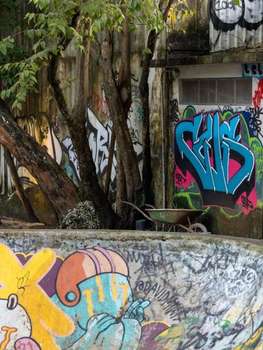 A vertical shot of colored walls of a local skate park near the Tamarindo beach, Costa Rica