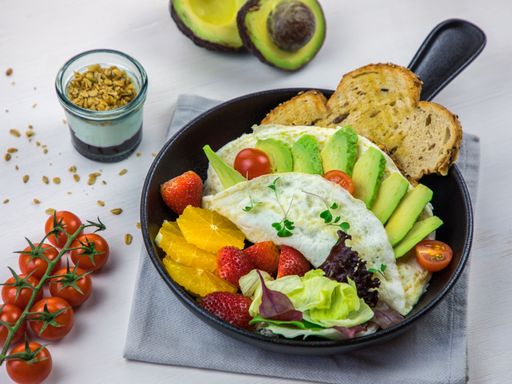 Healthy Breakfast with Avocado served in a pan.