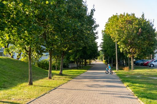 Footpath with child on bike along green grass and trees in the Stare Zegrze district.