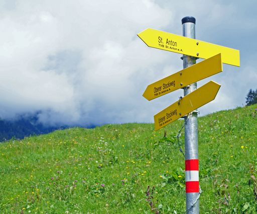A daytime view of a signpost in St. Anton, Austria in a grass field on a sunny day