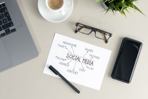 Working desk with paper sheet with Social Media planning. Flat lay