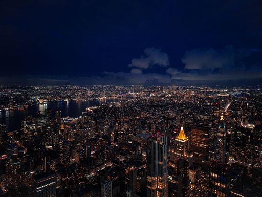 The skyline of New York City at night with the view from the top of the Empire State Building