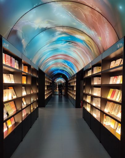 A vertical shot of a bookstore with arched ceiling with abstract paintings, Haikou, China