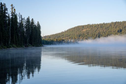 A scenic view of a mountain lake with dense forest covered with fog in the background on a sunny day