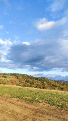 A gorgeous vertical shot of vast green fields with colorful trees on hills under fluffy clouds in the autumn