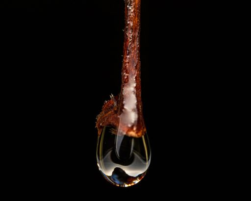 A macro shot of water droplet dropping from a Fungi isolated on black background