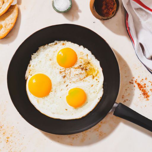 Top view of frying pan with fried eggs and bread on table