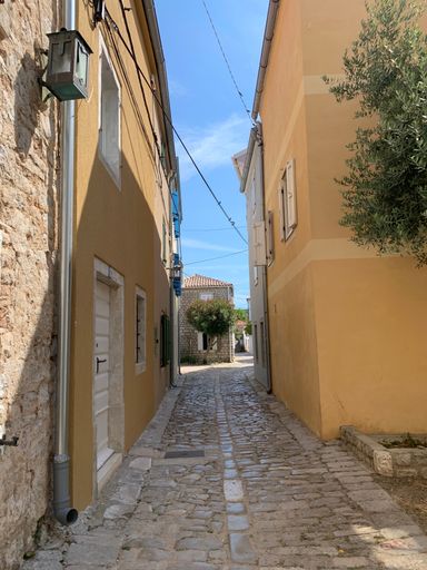 A vertical shot of a narrow alley between buildings on a sunny day
