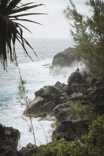 A vertical shot of a seashore with foamy waves splashing over the rocks