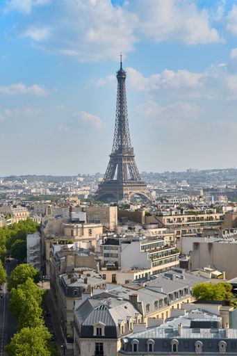 An aerial view of cityscape Paris surrounded by buildings
