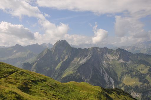 A mesmerizing shot of a steep slope of a grass mountain with montane forests in the background