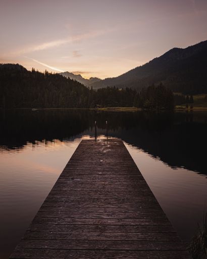 A vertical shot of a wooden dock at sunset surrounded by still water and forest ahead