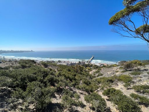 A landmark view of the Scripps Pier on the Pacific Ocean from the west coast in Jolla, California