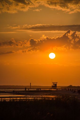 A vertical shot of an evening orange sunset and sun shining within clouds
